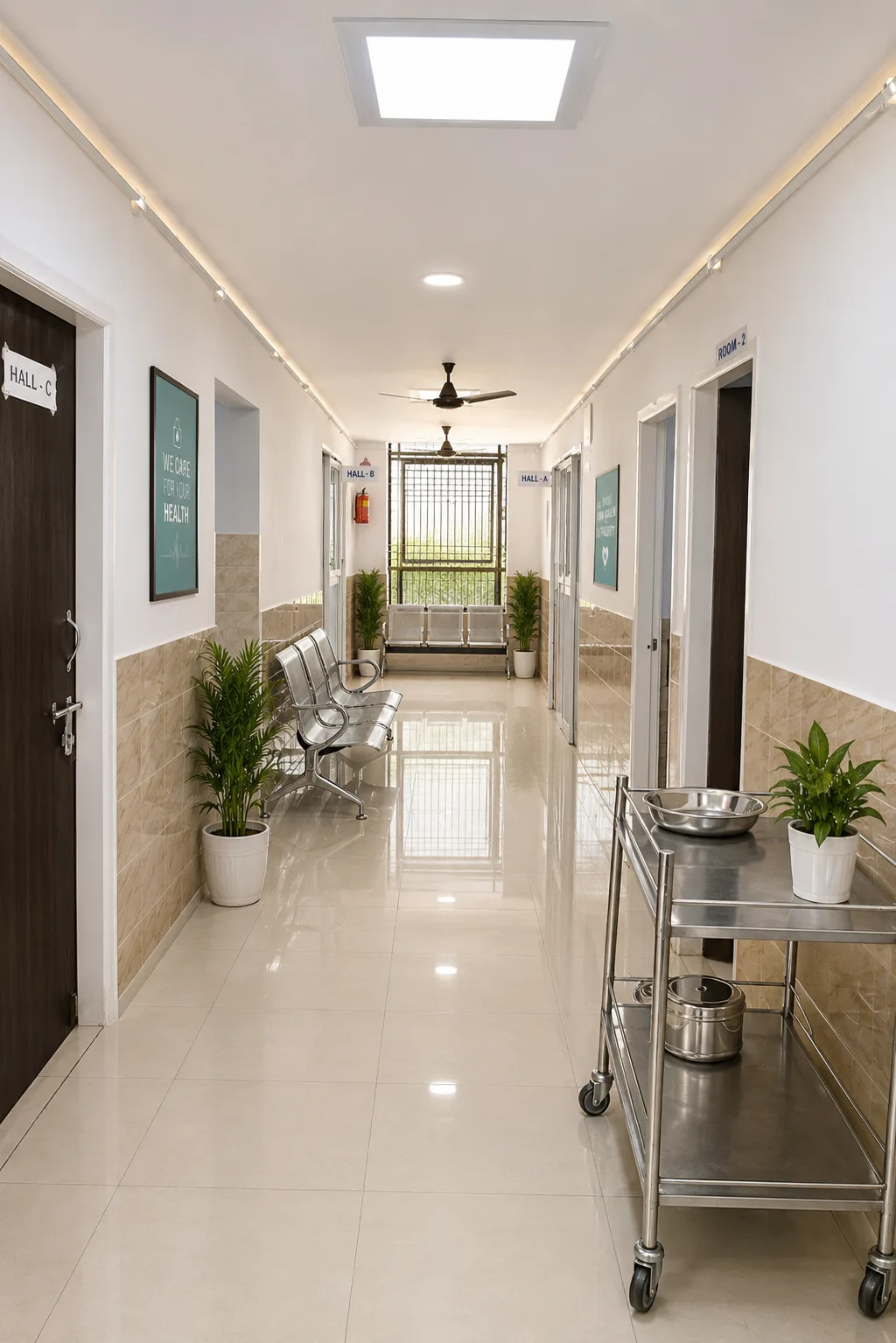 Modern hospital corridor at Sri Vishudhanand Hospital.