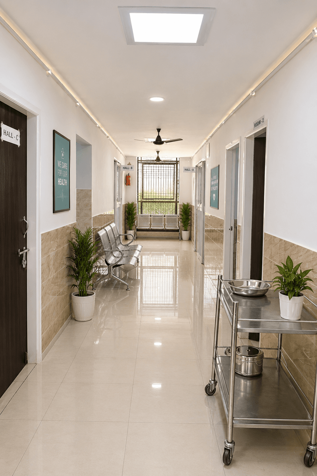 Modern hospital corridor at Sri Vishudhanand Hospital.